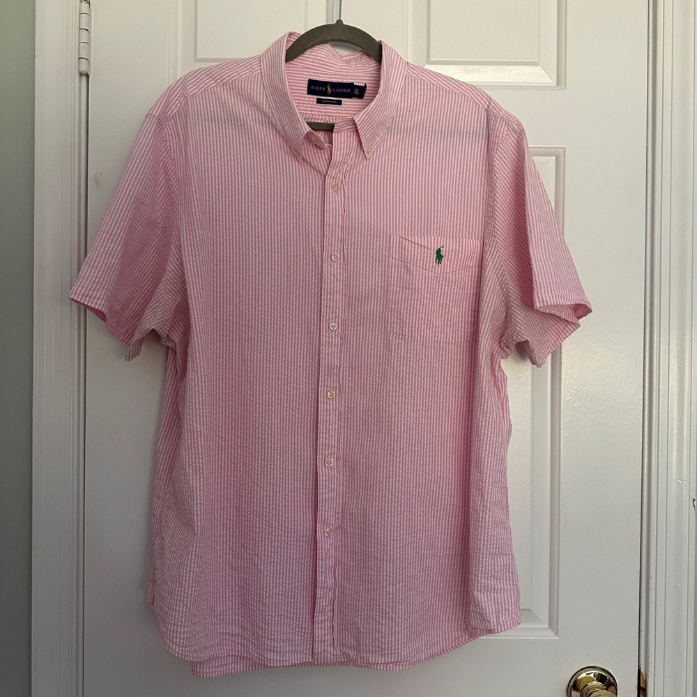 Ralph Lauren Mens XXL Seersucker Short Sleeve Shirt Pink White Striped Pony Logo